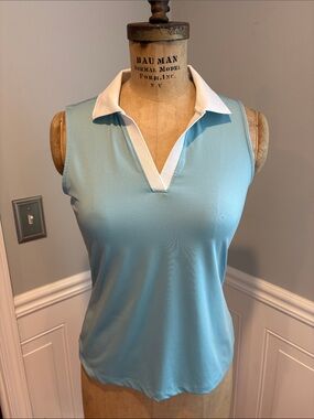 Laura Ashley Sky Blue Sleeveless Polo Tank with White Collar
